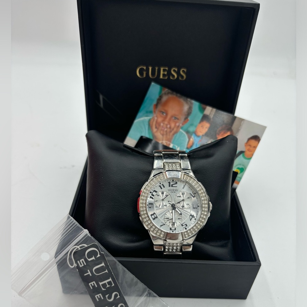 GUESS Prism Mineral Crystal SS Silver Bracelet Chronograph Watch, w/ Box